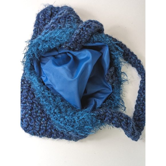 Vintage  Crochet Knitted‎  Blue Shoulder Bag Handmade Button One Strap - Picture 5 of 7